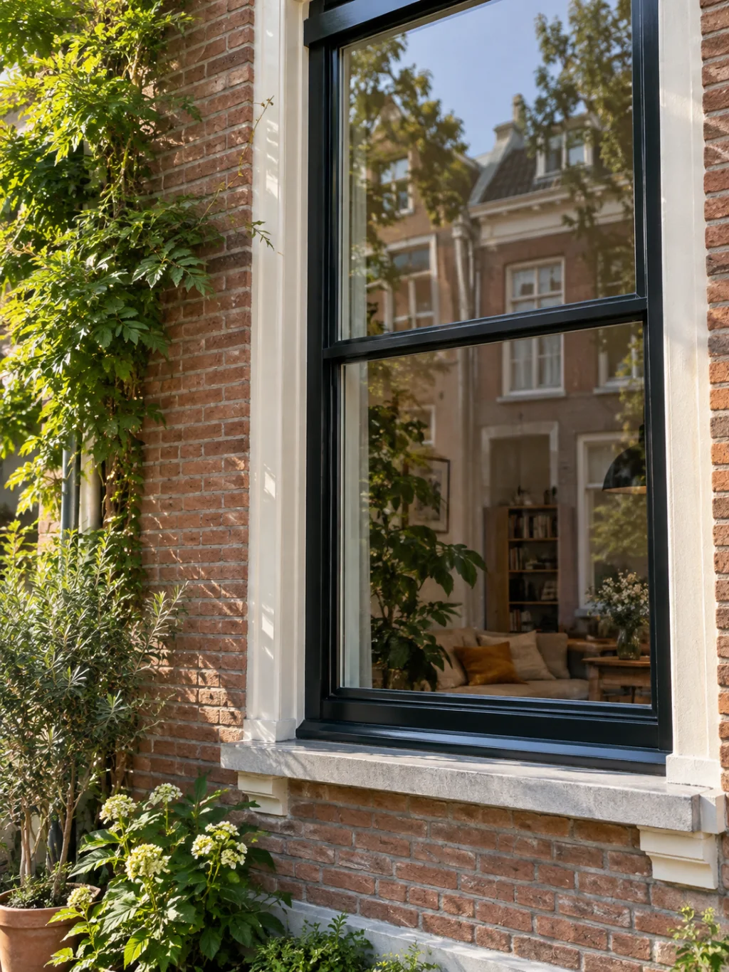 Nederlandse woning met een groot raam en bakstenen gevel
